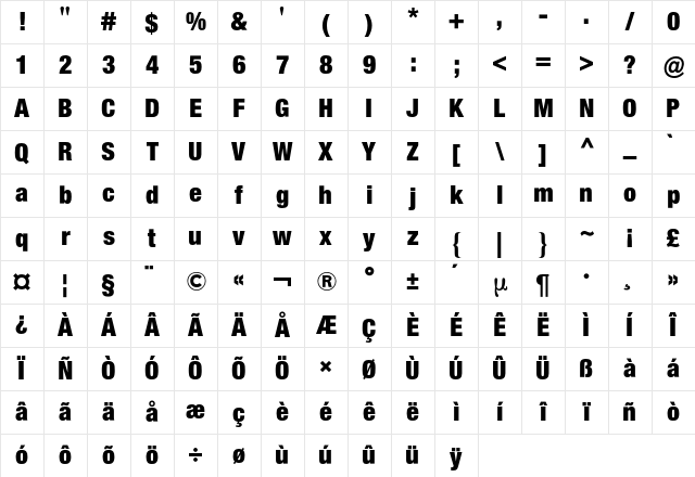 Neue Helvetica Condensed BQ Regular Character Map