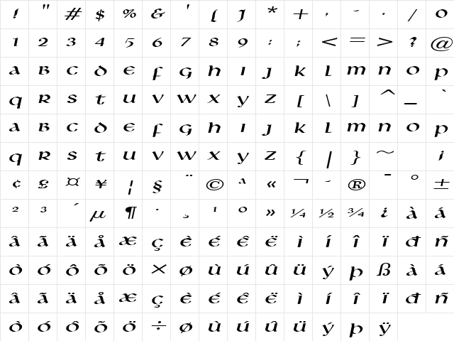 Leo Extended Italic Character Map
