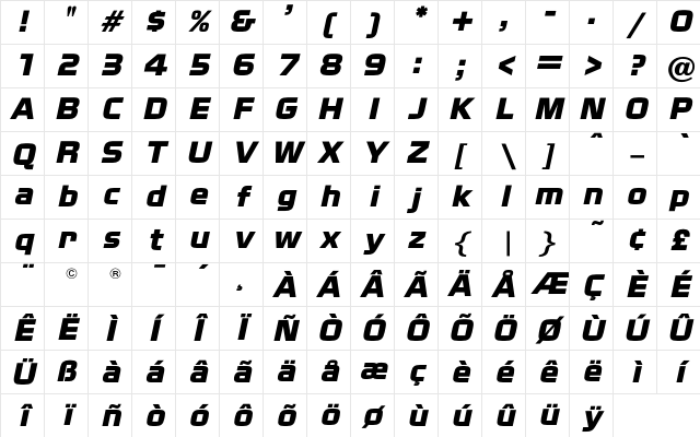 NissanOpti Italic Character Map