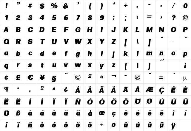 AdamBecker-Heavy Italic Character Map