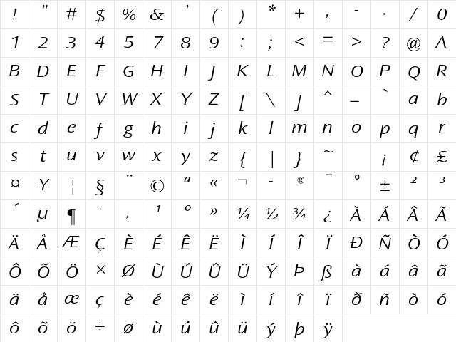 Ocean Sans Std Light Extended Italic Character Map