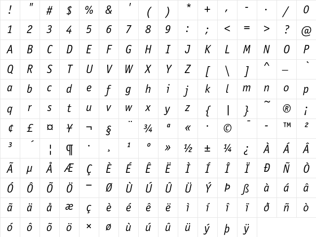 OfficinaSansITC Book Italic Character Map