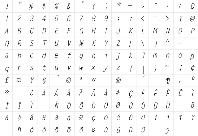 LetterGothic-Italic Regular Character Map