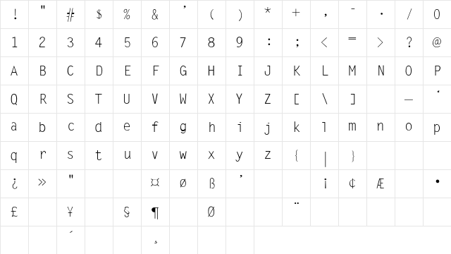 LetterGothic-Thin Regular Character Map