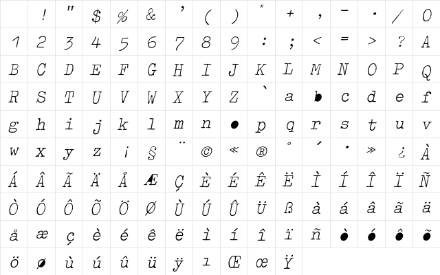 OldTypewriterEF LightObl Character Map