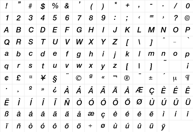Olnova-DemiBoldIta Regular Character Map