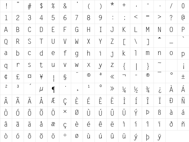 Letter Gothic Regular Character Map