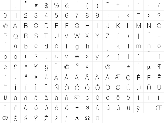 Olympia-Xlight Regular Character Map