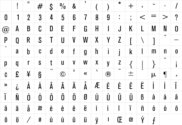 OPTIAkroGrotesk-Cond Regular Character Map OPTIAkroGrotesk-Cond Regular Character Map
