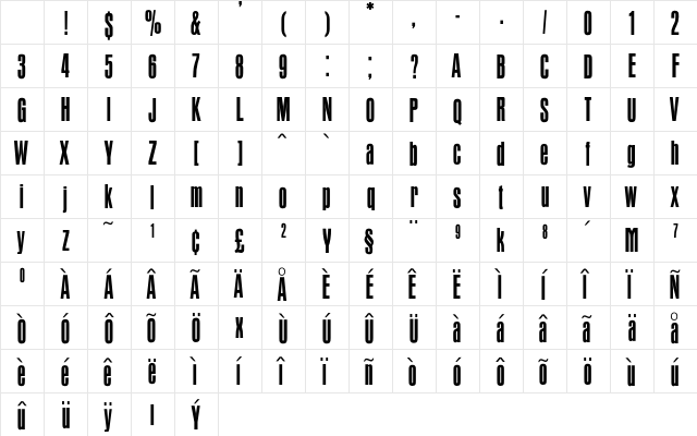 OPTIAuroraCondensed Regular Character Map OPTIAuroraCondensed Regular Character Map