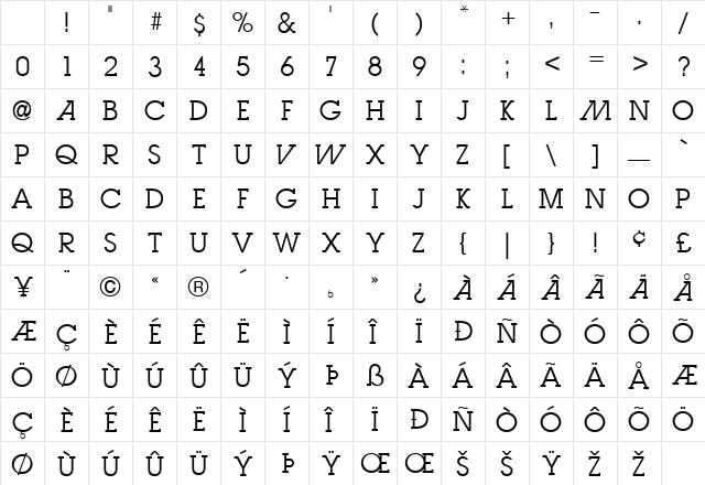 Letro Light Character Map