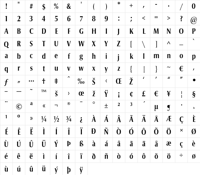 Optima nova LT Bold Condensed Character Map