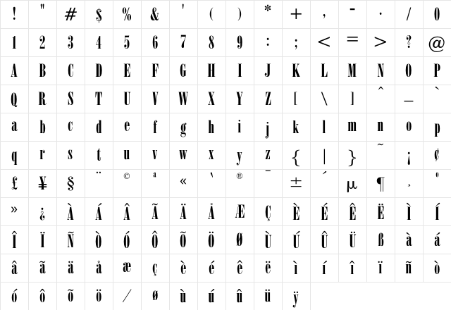 OPTIPosterBodoni-Compr Regular Character Map