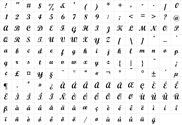 OPTIScript Bold Character Map