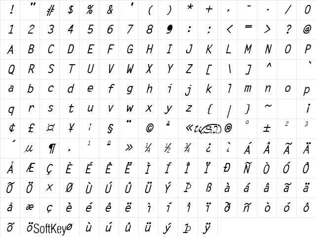 Letter Gothic Bold Italic Character Map