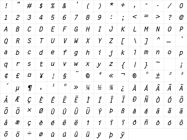 Letter Gothic Bold Italic Character Map