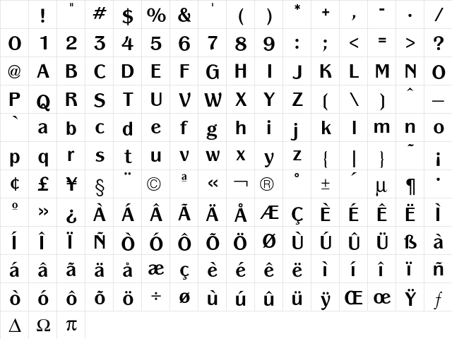 Panache Bold Character Map