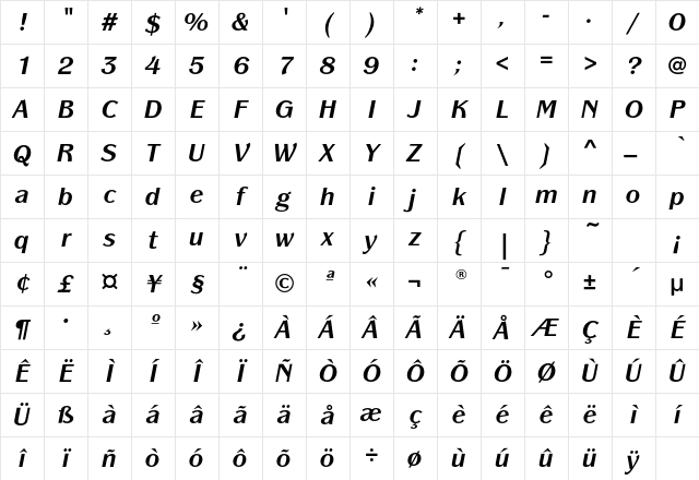 PanacheEF-BoldItalic Regular Character Map PanacheEF-BoldItalic Regular Character Map