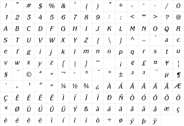 Panache ITC Std Book Italic Character Map