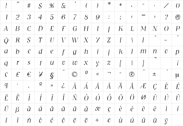 BobBecker-ExtraLight Italic Character Map