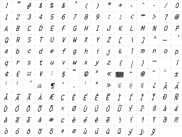 LetterGothic Bold Italic Character Map