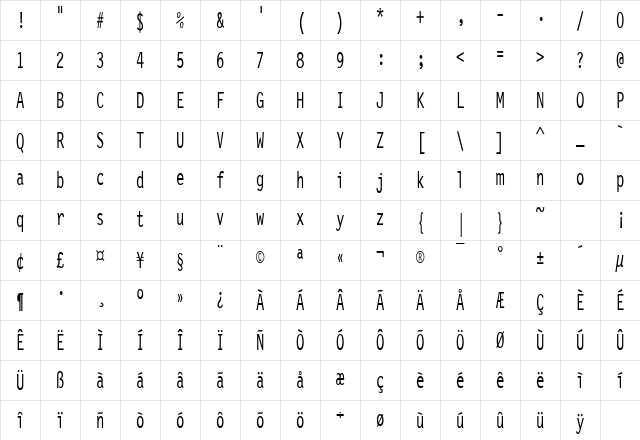 LetterGothicCondensed Regular Character Map