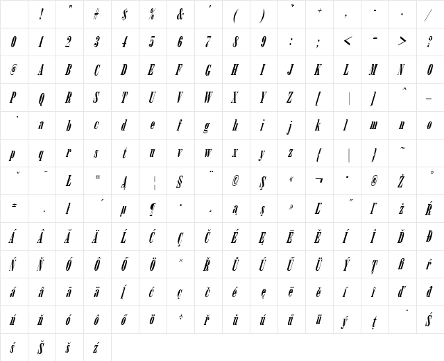 ArsisDEEReg Italic Character Map