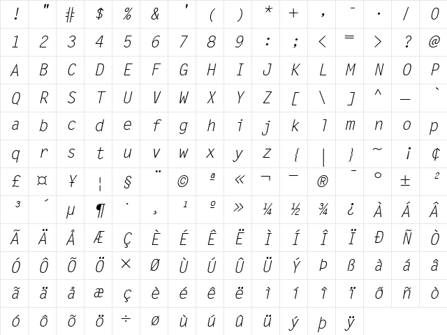 LetterGothicSlanted RomanItalic Character Map