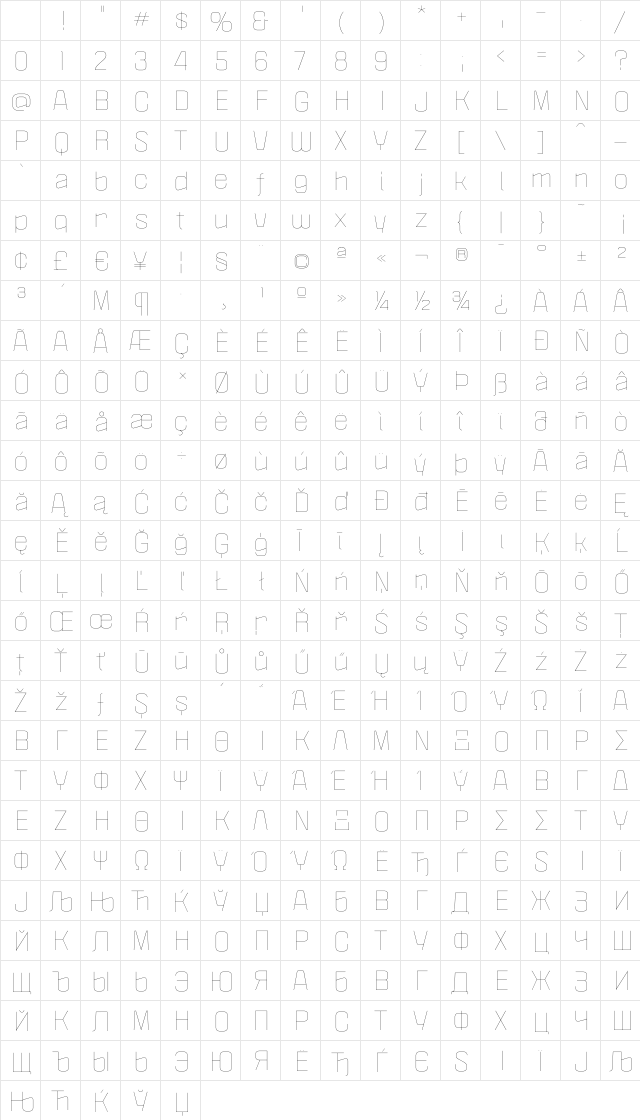 Politica XT Thin Regular Character Map Politica XT Thin Regular Character Map