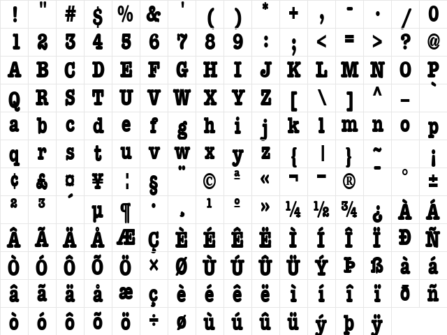 BocciText13 Bold Character Map