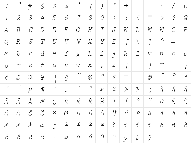 Prestige Elite Std Slanted Character Map