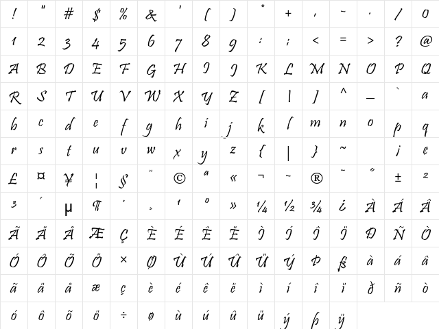 Pristina Std Regular Character Map