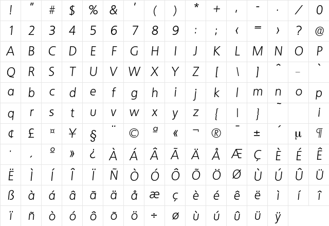 Quebec-LightIta Regular Character Map