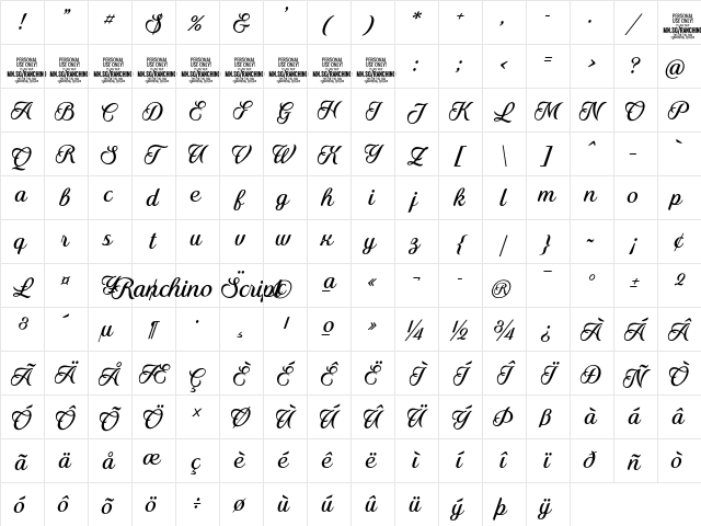 Ranchino Script PERSONAL USE Regular Character Map