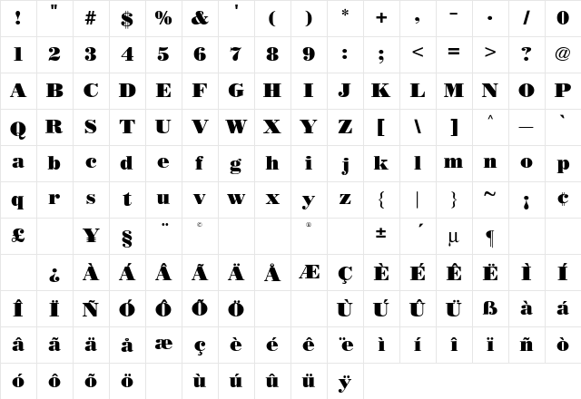 BODIDLYbold Regular Character Map