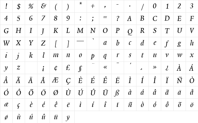 Lexicon No1 Italic A Tab Character Map