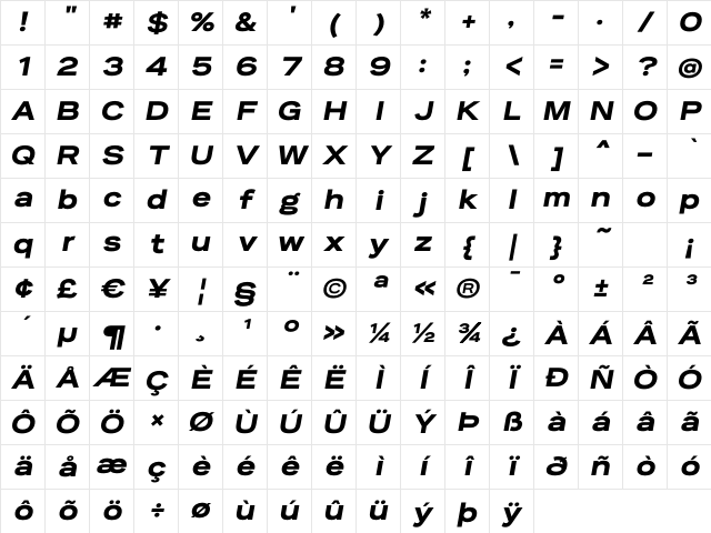 Reservation Wide Black Oblique Character Map