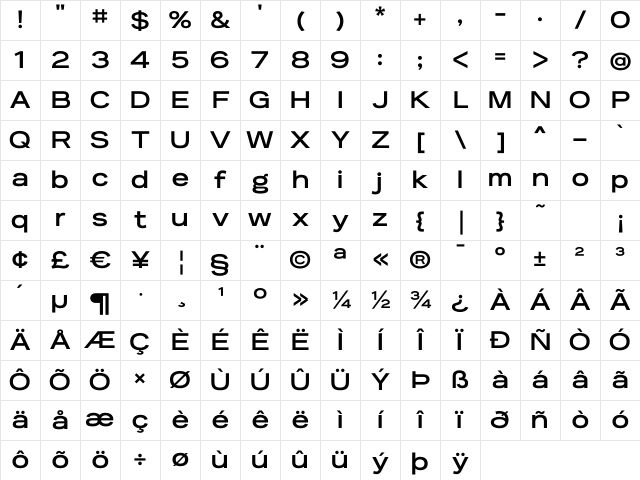 Reservation Wide Bold Character Map