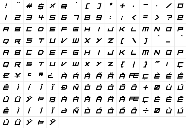 Robot Heroes Italic Character Map Robot Heroes Italic Character Map