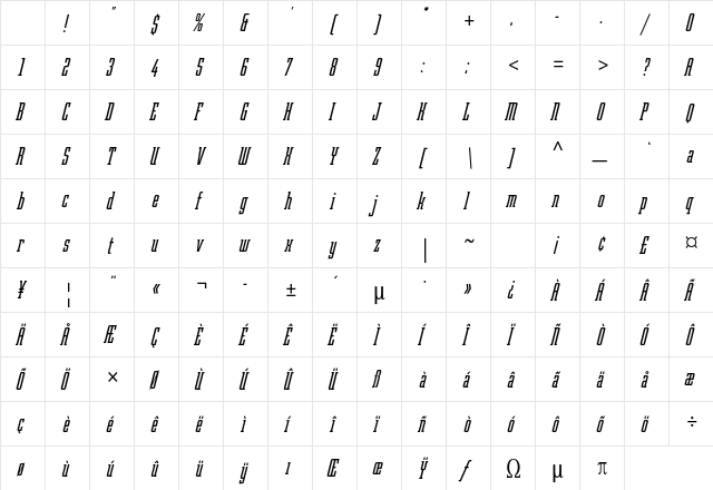 Robotik Std Italic Character Map
