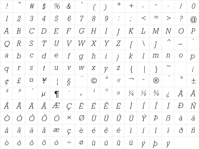 Rockwell Std Light Italic Character Map