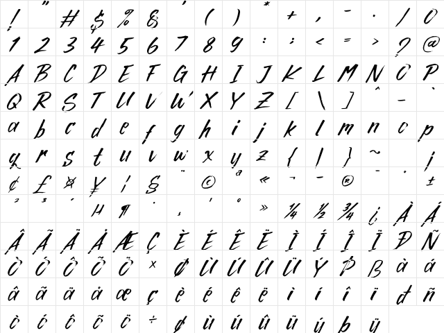Rocky Brush Italic Character Map
