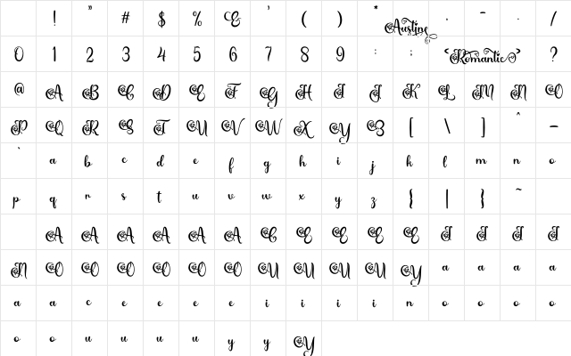 Romantic AustineDemo Regular Character Map Romantic AustineDemo Regular Character Map