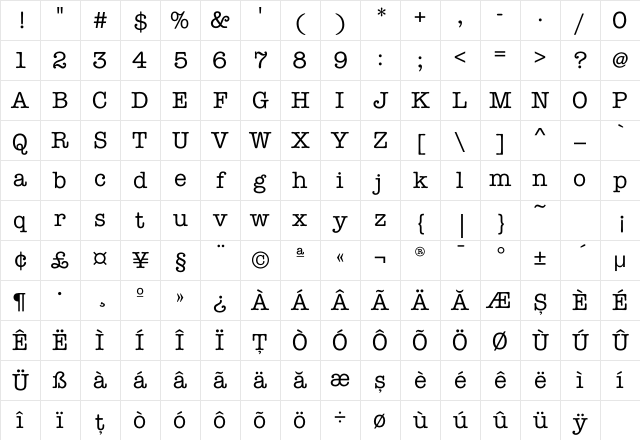 Romtypewriter Regular Character Map