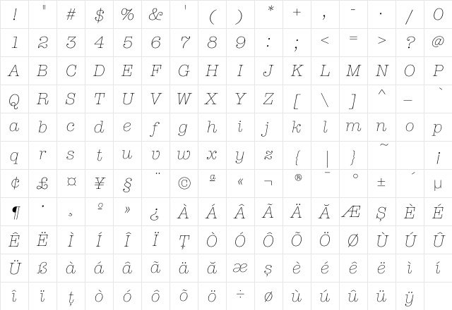 Romtypewriter LightItalic Character Map