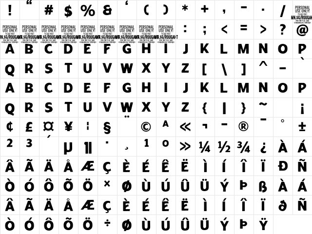 Rougant PERSONAL USE ONLY Regular Character Map Rougant PERSONAL USE ONLY Regular Character Map