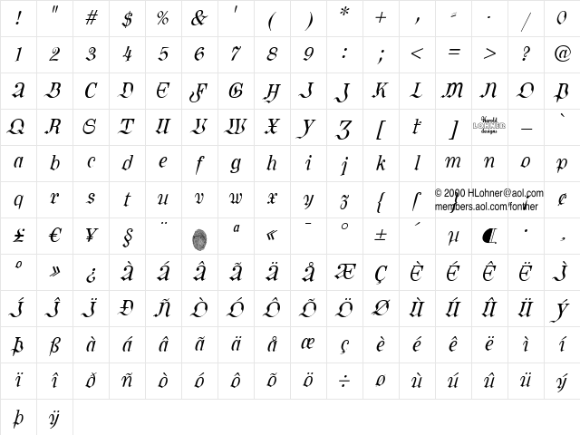 Kombine Kursiv Character Map