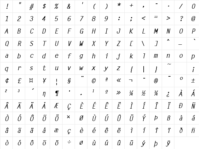 LetterGothic Bold Italic Character Map