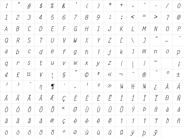 LetterGothic Italic Character Map