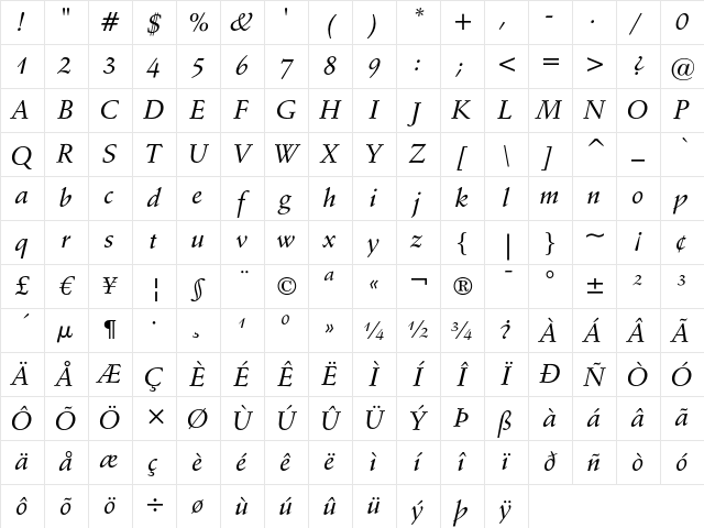 Schneidler Medium Italic Character Map